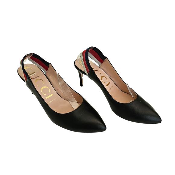 Gucci Sylvie Web Stripe Slingback Heel Pump Size 38.5 US 8.5 Black Leather - Picture 1 of 10